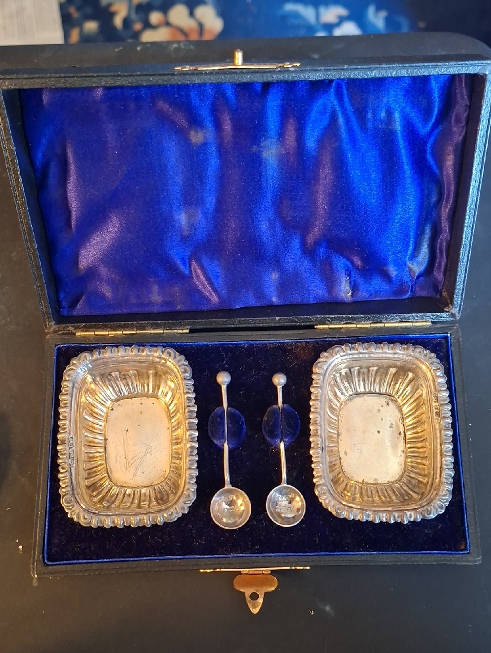 Antique Birmingham Sterling Salt Cellars and Spoons in Velvet Presentation Box